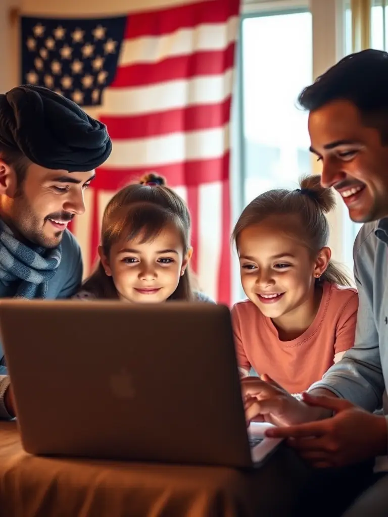 A photograph of a family using online bail bond service on a laptop, with a U.S. flag visible in the background, symbolizing the convenience for military families.