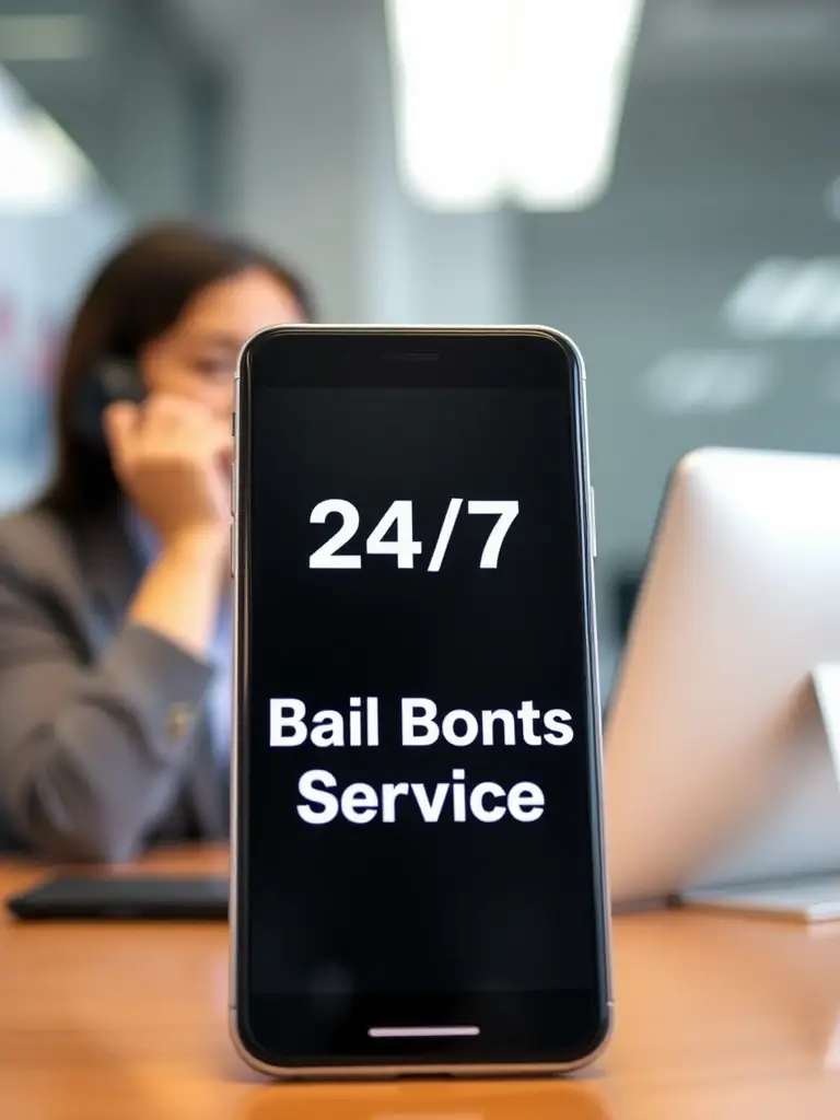 A close-up shot of a phone displaying '24/7 Bail Bonds Service' with a dispatcher answering a call in the background, emphasizing immediate availability.