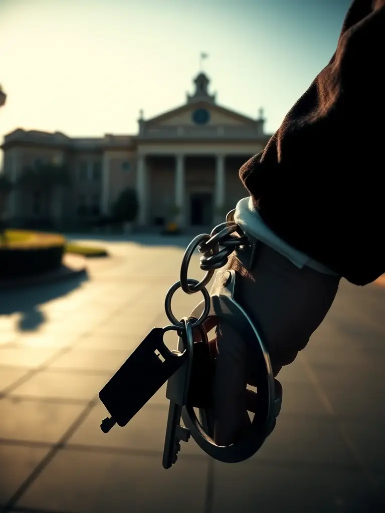 A blurred background of a Riverside County courthouse with a focus on keys unlocking handcuffs, symbolizing fast jail release services.