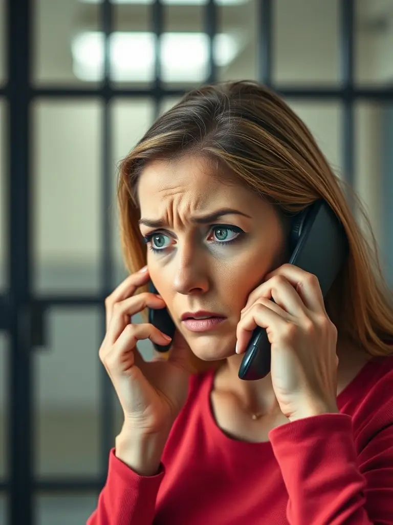 A concerned family member talking on the phone, looking stressed, with a blurred background of a jail visitation area, representing the initial call for help with a restraining order violation.