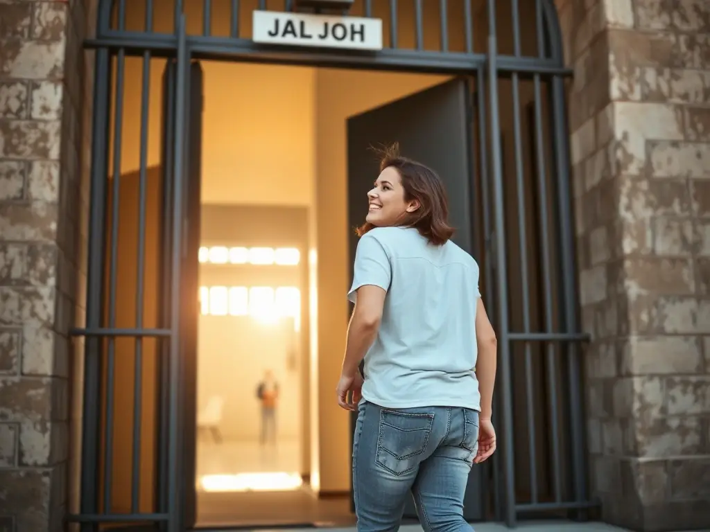 A person walking out of a jail, signifying the release of the defendant after the bail bond is secured by Riverside Bail Bonds Services.