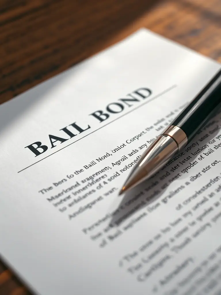 A close-up shot of a bail bond agreement, highlighting the terms and conditions, with a pen resting on top, ready for signature.