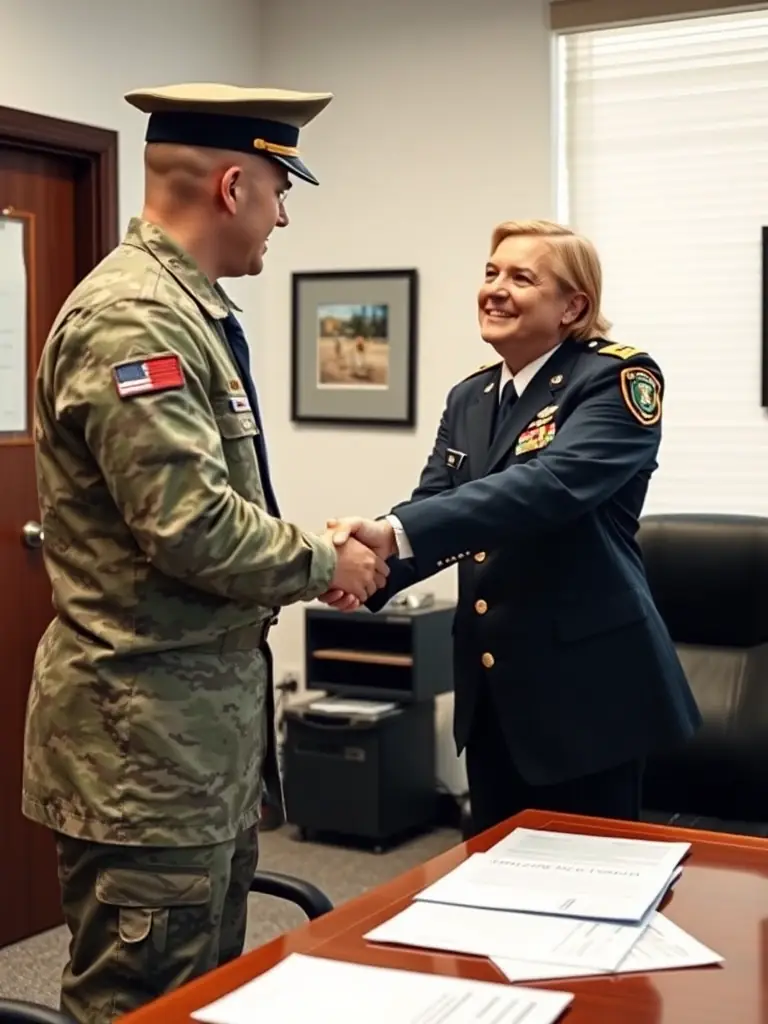 A handshake between a bail bonds agent and a client in military uniform, set in a professional office environment, emphasizing trust and reliability.