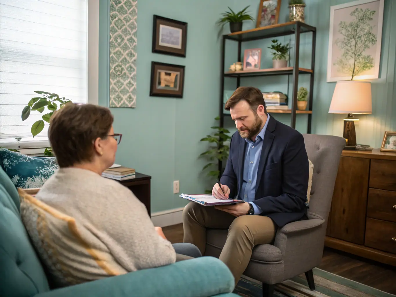 A professional bail bonds agent assisting a client with paperwork in a well-lit office, emphasizing trust and reliability.