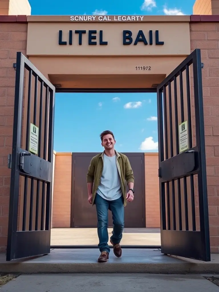 A photo of a person being released from jail, walking towards the camera with a sense of relief, with the jail building in the background.