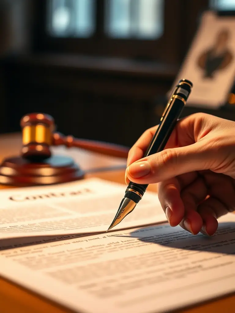 A close-up of a bail bond agreement being signed, emphasizing the importance of understanding the terms and conditions.