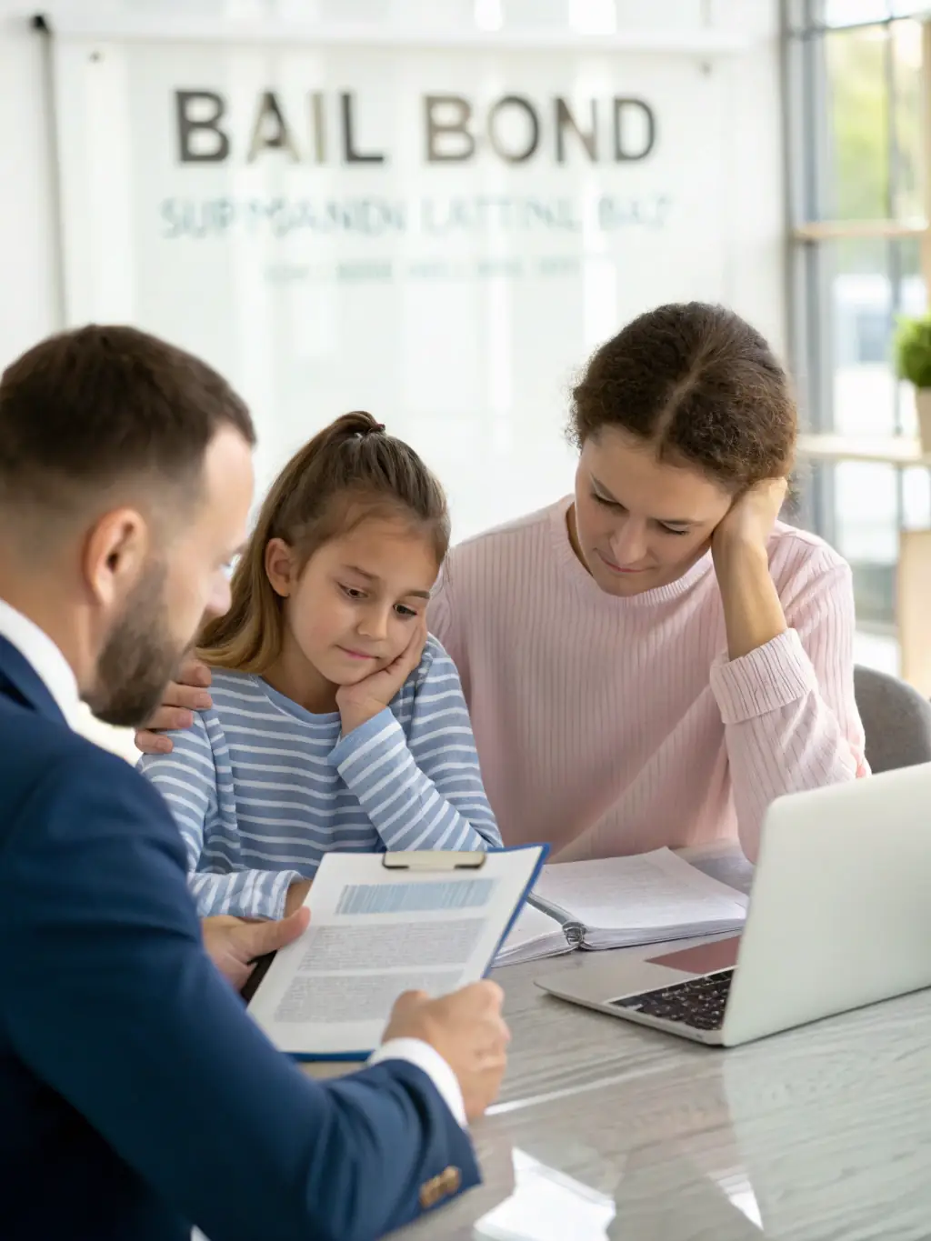 A professional bail bonds agent assisting a client with paperwork in a modern office, emphasizing trust and reliability.
