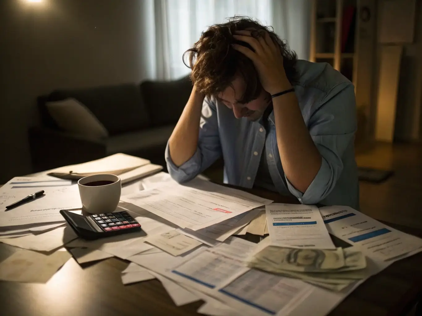 A person looking stressed while talking on the phone, representing the initial call to Riverside Bail Bonds Services for assistance with a misdemeanor bail bond.